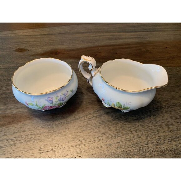 EB Foley 1850 Sugar Bowl Creamer Set Vintage Made in England Flowers Light Blue - Picture 2 of 12